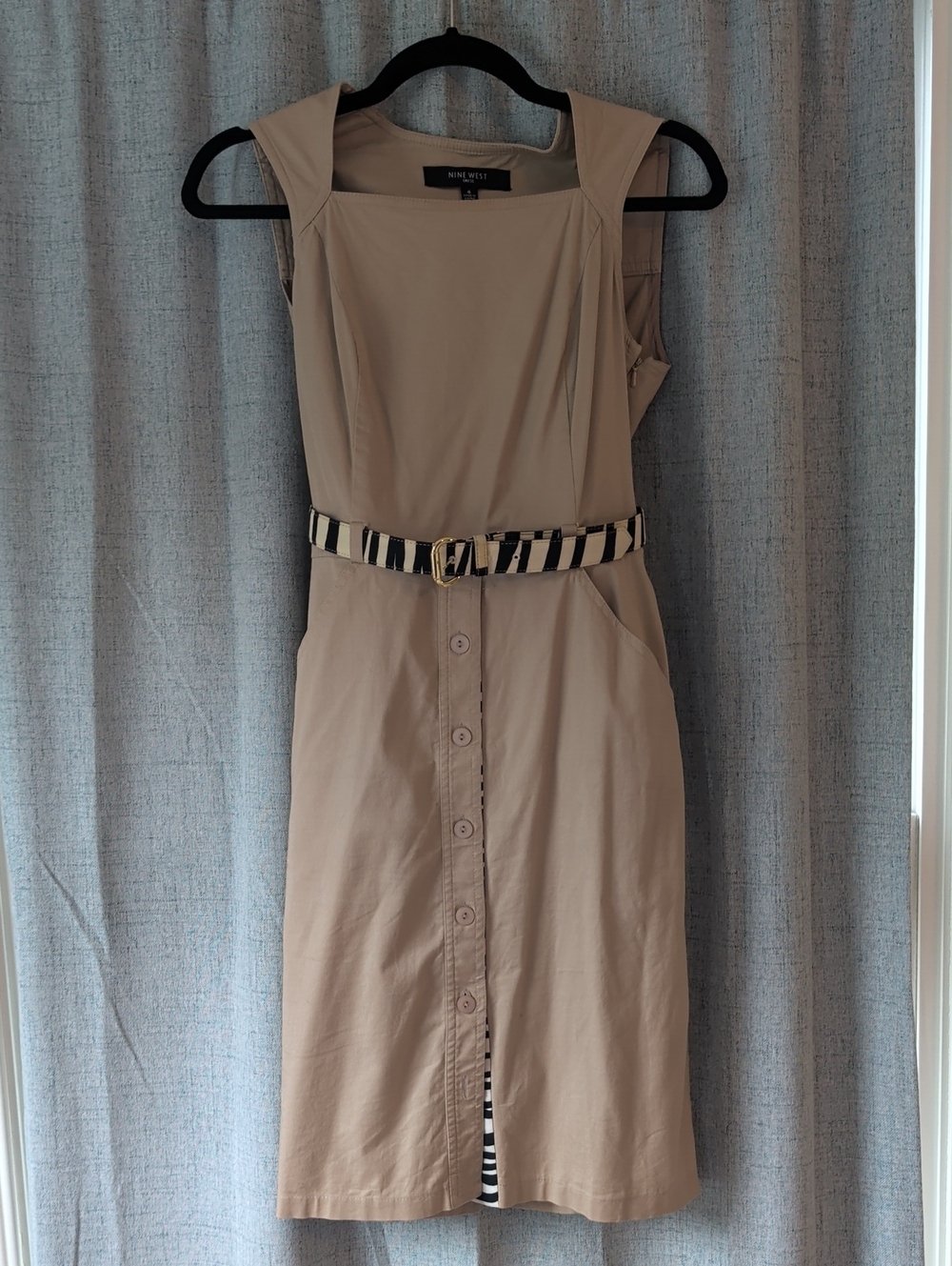 Nine West Beige Sleeveless Button-Front Midi Dress with Striped Belt